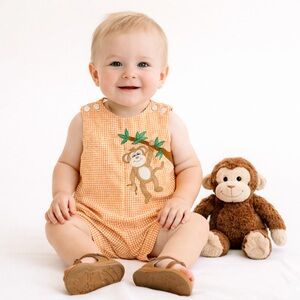 ZU Baby Boys Monkey Gingham
Romper 9M Orange Applique
Shortall Outfit
